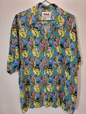 Flax Colorful Retro Women Print Oversized Casual Button Down Shirt - M